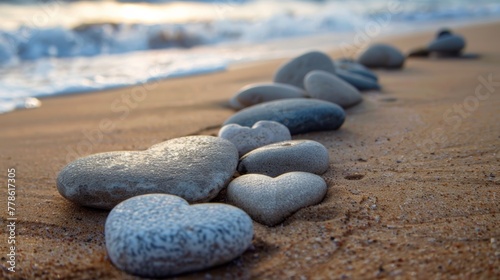 A collection of smooth, heart-shaped pebbles arranged on a sandy beach with gentle waves in the background, evoking a sense of gratitude for nature's beauty. © kamonrat