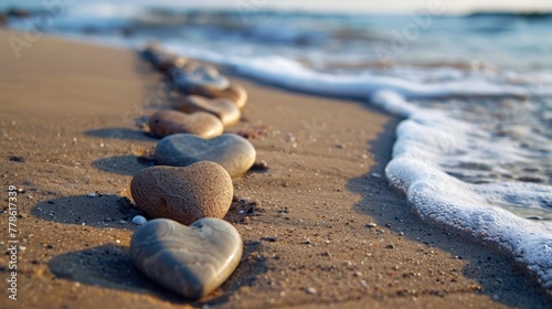 A collection of smooth, heart-shaped pebbles arranged on a sandy beach with gentle waves in the background, evoking a sense of gratitude for nature's beauty. © kamonrat