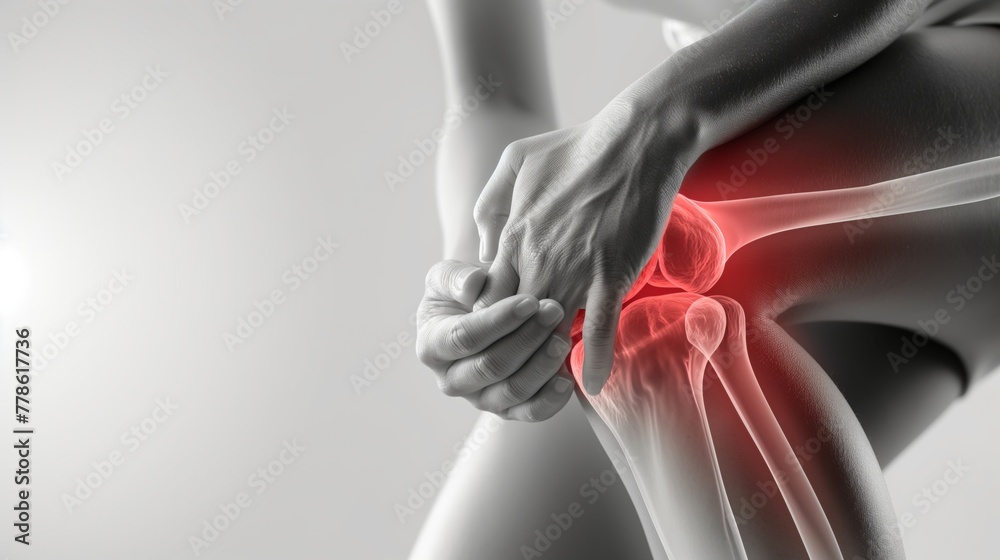 Joint pain, Arthritis and tendon problems. a man touching knee at pain point, on white background.