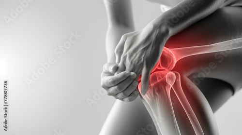 Joint pain, Arthritis and tendon problems. a man touching knee at pain point, on white background.