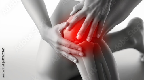 Joint pain, Arthritis and tendon problems. a man touching knee at pain point, on white background. © Pro Hi-Res