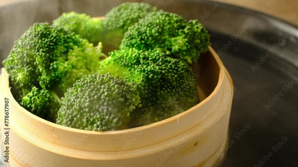 cooking broccoli in a bamboo steamer