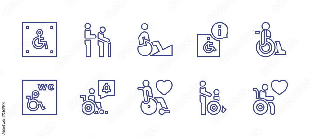 Disability line icon set. Editable stroke. Vector illustration. Containing disabled person, disabled people, disabled, disabled sign, disability.