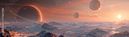 A desolate landscape with three planets in the sky photo