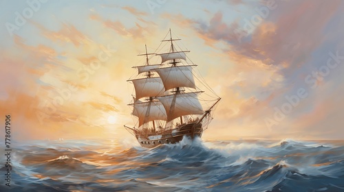 art illustration of big ancient pirate ship sailing on rough sea. AI Generative