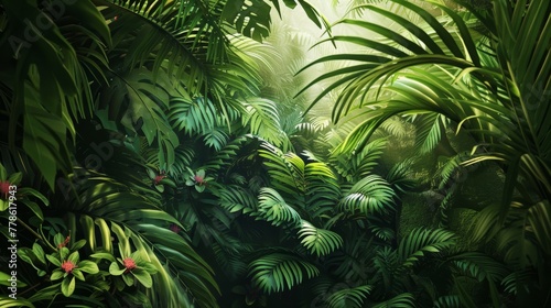 A dense jungle background with vibrant green foliage  dappled sunlight filtering through the leaves  and exotic tropical flowers peeking through.