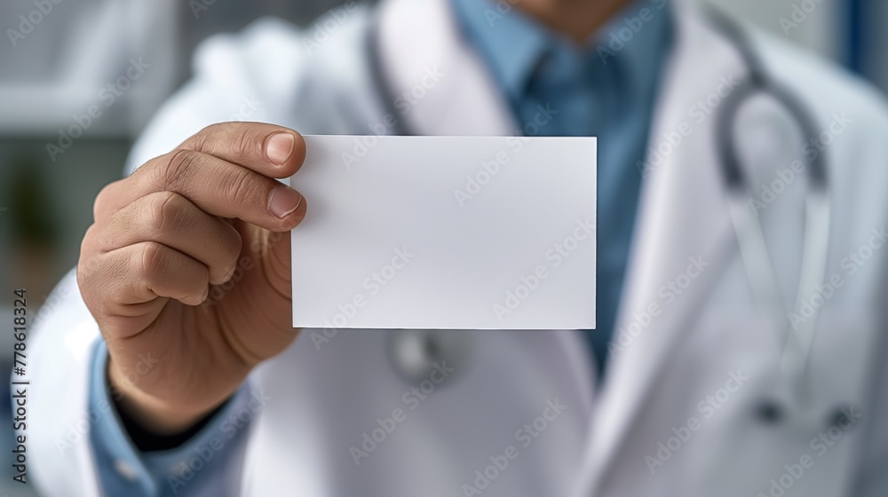 a doctor in a white lab coat holding empty business or visit card offering his medical services. a doctor in a white lab coat holding empty business or visit card offering his medical services.