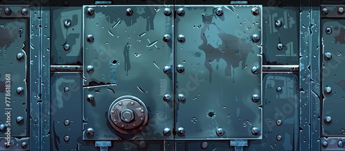 A close up of a rectangular metal door with rivets, resembling an automotive exterior part. The door has a pattern of rivets and is painted in electric blue color photo