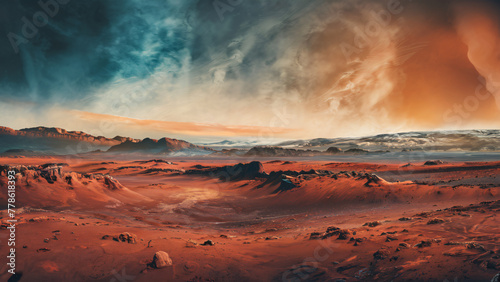 Mars planet with arid landscape, mountains and rocky hills, space, future