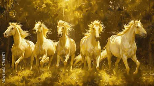 Herd of Golden , Seven Horses, Golden Oil Painting Generative AI