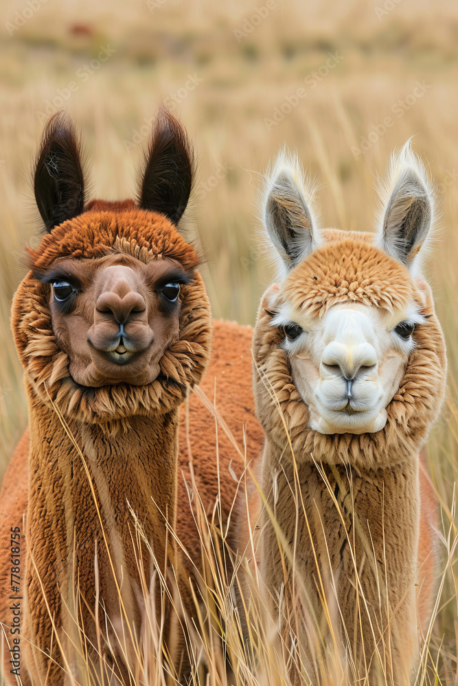 Fototapeta premium Two llamas standing in a field with one of them looking at the camera