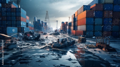 A flooded shipping port with cargo containers and stranded ships 
