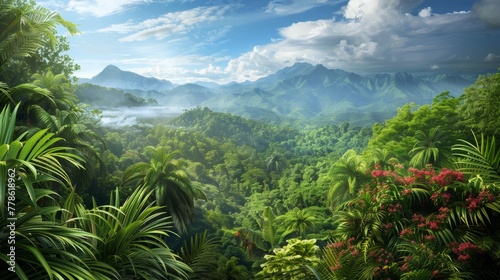 Capture a breathtaking panoramic view of a tropical landscape with lush greenery and bursts of colorful flowers.