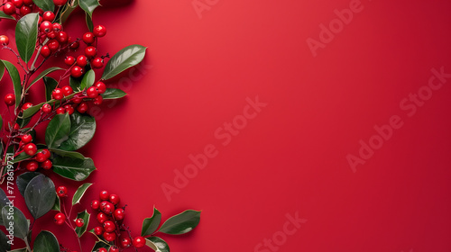 Vibrant holly berries against a bold red background, setting the stage for a banner with blank space