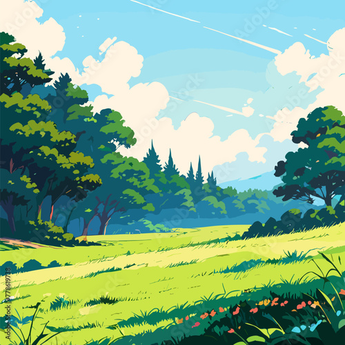 Serene meadow with a backdrop of blue sky