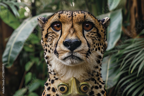 A cheetah is wearing a frog collar and looking at the camera