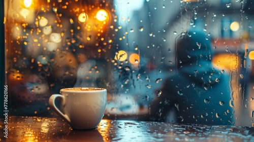 A cozy coffee shop window with warm light spilling out onto a rainy street. A person sits inside with a steaming cup, peering out through the rain-streaked glass.