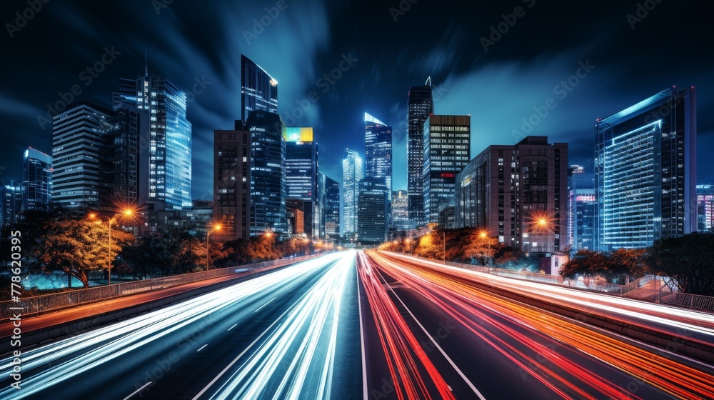 A long exposure shot capturing the bustling cityscape at night 