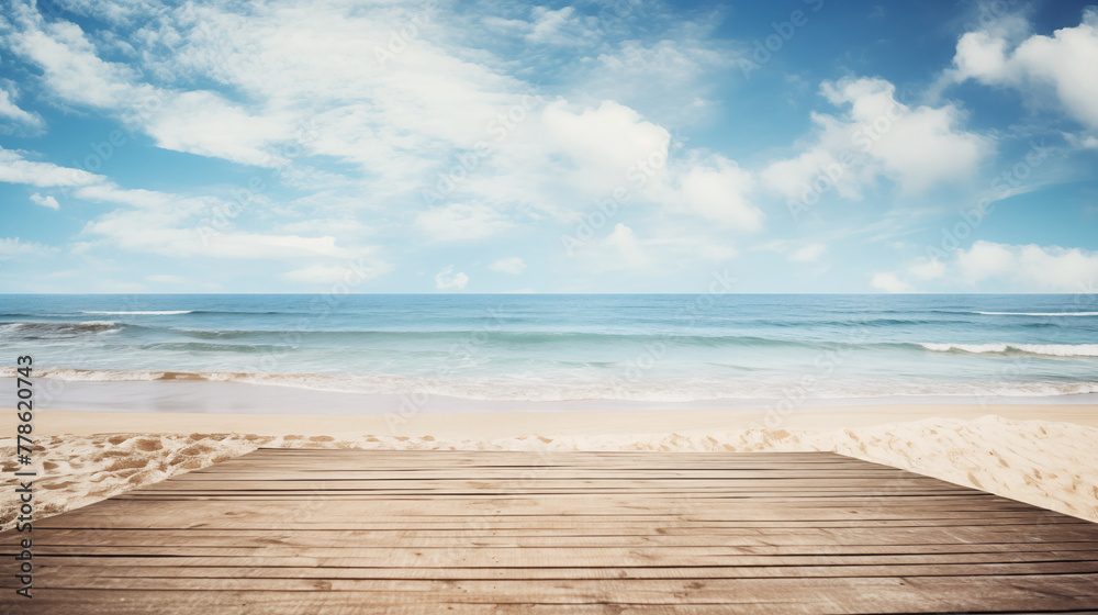 Wooden walkway on the beach with sea, text space Wooden walkway on the beach with sea, text space