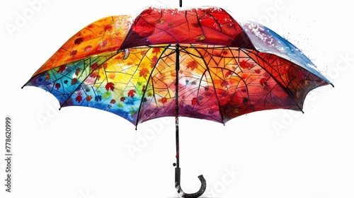 A brightly colored umbrella with a unique artistic design, showcasing personal expression amidst the spring rain. photo