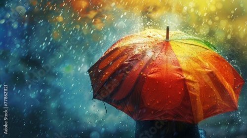 A brightly colored umbrella with a unique artistic design, showcasing personal expression amidst the spring rain.  photo