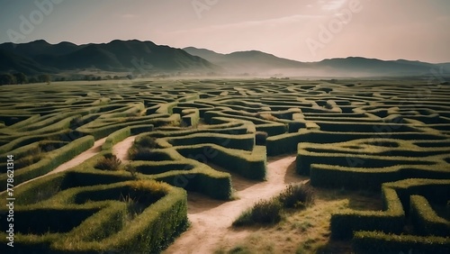 Complex Maze Solution: A 3D illustration depicting a labyrinth within a maze, symbolizing the challenge of finding success in a business strategy photo