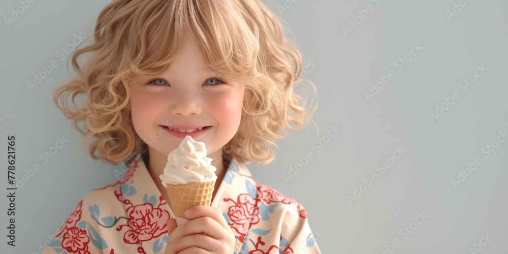 Closeup colorful icecream on kid hand on background Closeup colorful icecream on kid hand on background