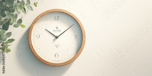 wooden wall clock on white cement wall
