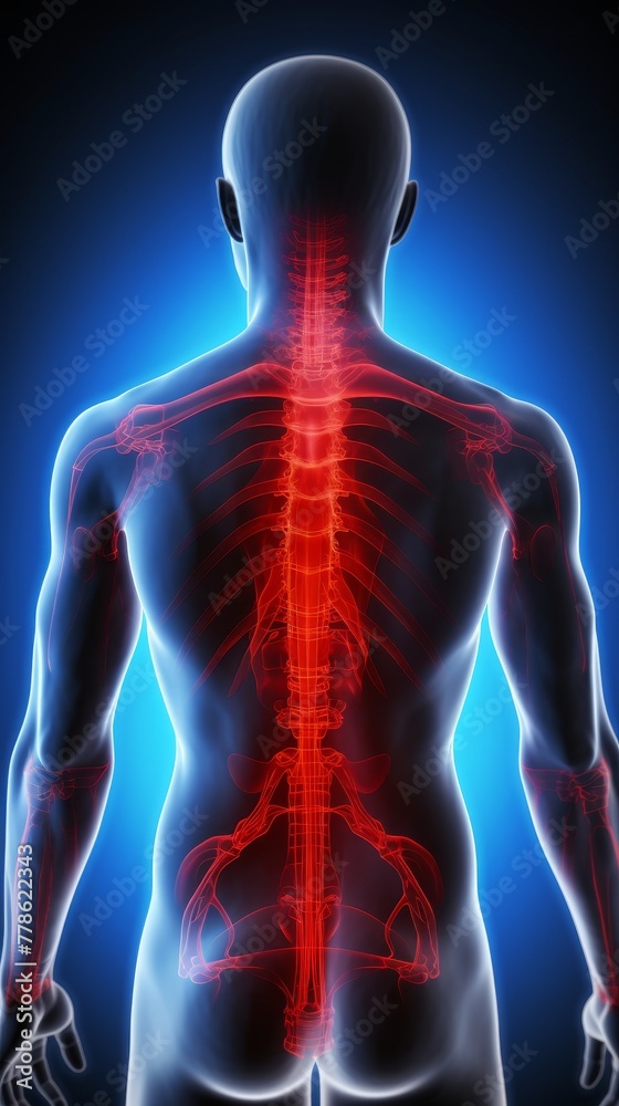 A persons back highlighted in red experiencing acute pain possibly from sports injuries or overtraining A persons back highlighted in red experiencing acute pain possibly from sports injuries or overtraining