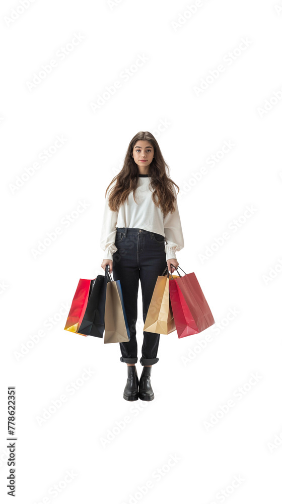 Front view of beautiful young woman standing holding shopping bags