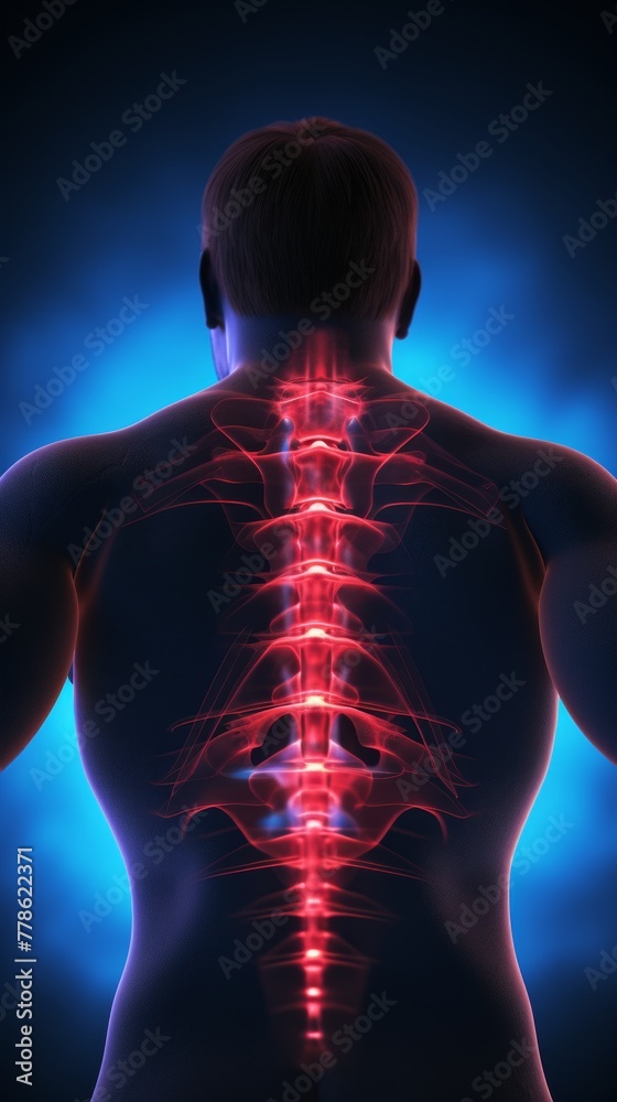 A persons back highlighted in red experiencing acute pain possibly from sports injuries or overtraining A persons back highlighted in red experiencing acute pain possibly from sports injuries or overtraining