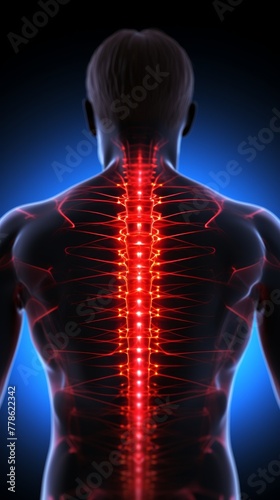 A persons back highlighted in red experiencing acute pain possibly from sports injuries or overtraining 