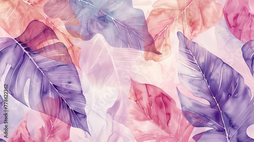 A soft and dreamlike pattern of watercolor-painted tropical leaves in pastel colors overlapping and blending seamlessly.