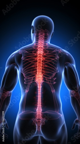 A persons back highlighted in red experiencing acute pain possibly from sports injuries or overtraining 