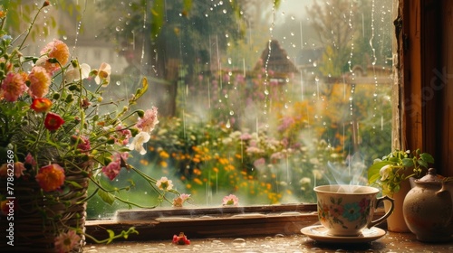 A cozy window seat overlooking a garden with blooming flowers swaying gently in the spring rain. A steaming cup of tea sits on the windowsill.