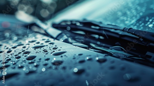 A close-up shot of the car's windshield wipers efficiently clearing away raindrops, maintaining clear visibility. photo