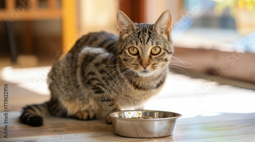 Beautiful tabby cat sitting next to a food bowl, placed on the floor next to the living room window, and eating