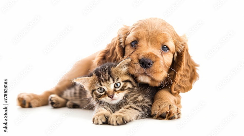 Curious English cocker spaniel puppy dog hugs kitten. Pets look away and up together on empty space.