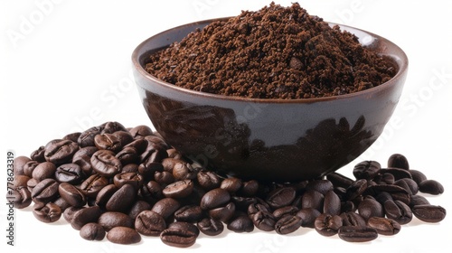 ground coffee and beans coffee in bowl isolated on white background.