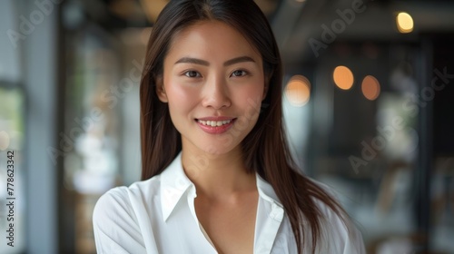 Happy beautiful young Asian manager woman in white formal shirt posing indoors, looking at camera, smiling, showing white perfect teeth.