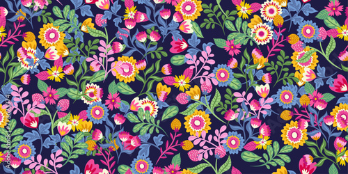 Floral pattern from various plants and flower buds. Multi-colored bright pattern in vector with a dark background.