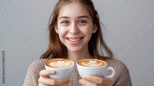 Part-time job person owner cacao routine lifestyle rest break relax leisure pause concept. Portrait of kind friendly pleasant girl giving two big latte photo