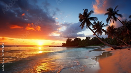 A sunrise over a tropical beach with palm trees and waves © stocksbyrs