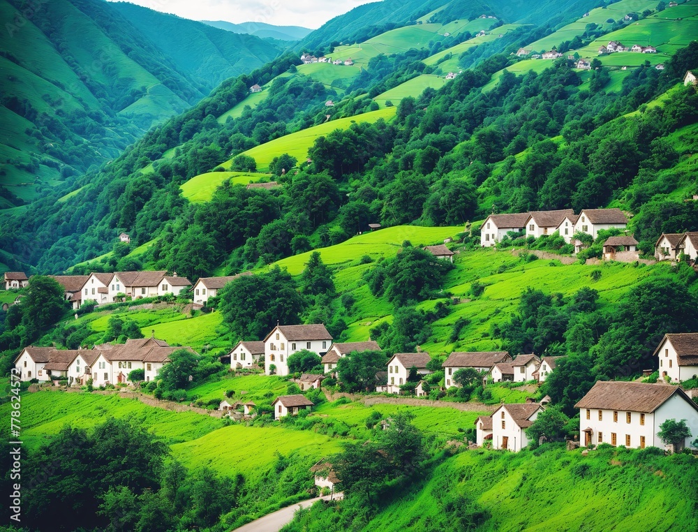 A small village nestled in a green valley surrounded by mountains.