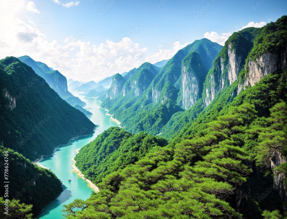 A river flowing through a valley surrounded by mountains.