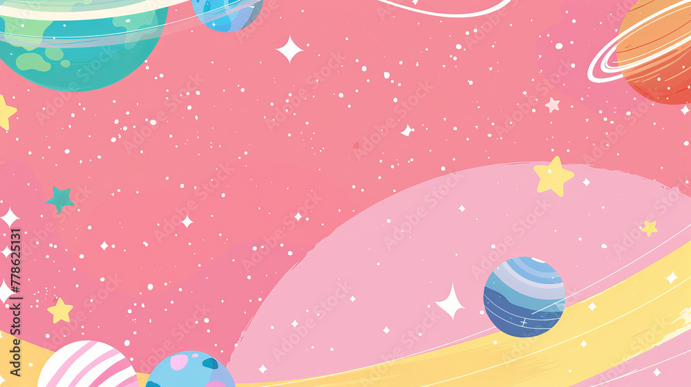 Whimsical depiction of bright, colorful planets scattered across pink outer space, ideal banner with blank space Whimsical depiction of bright, colorful planets scattered across pink outer space, ideal banner with blank space