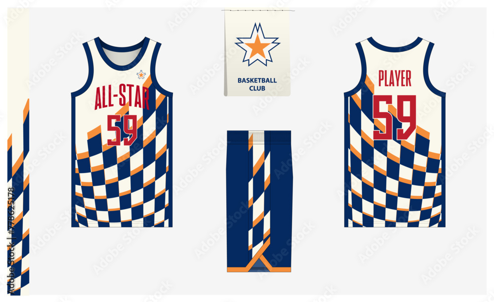Naklejka premium Basketball uniform mockup template design for sport club. Basketball jersey, basketball shorts in front and back view. Basketball logo design. 
