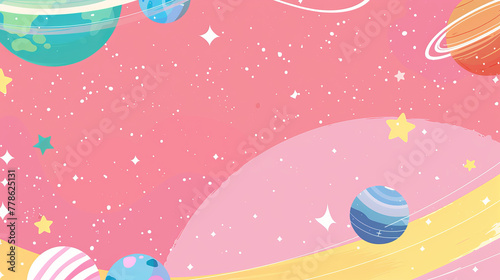 Whimsical depiction of bright  colorful planets scattered across pink outer space  ideal banner with blank space
