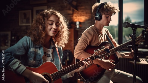 Teenage boy and girl recording music at their home studio with guitar