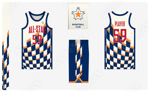 Basketball uniform mockup template design for sport club. Basketball jersey, basketball shorts in front and back view. Basketball logo design. 